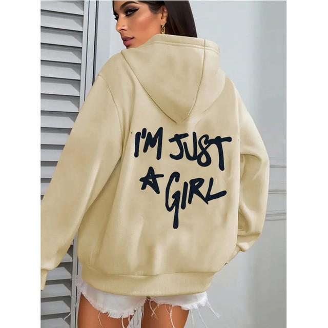 European Size Women's Casual Pocket Hoodie with 'I'm Just a Girl' Print for Autumn/Winter