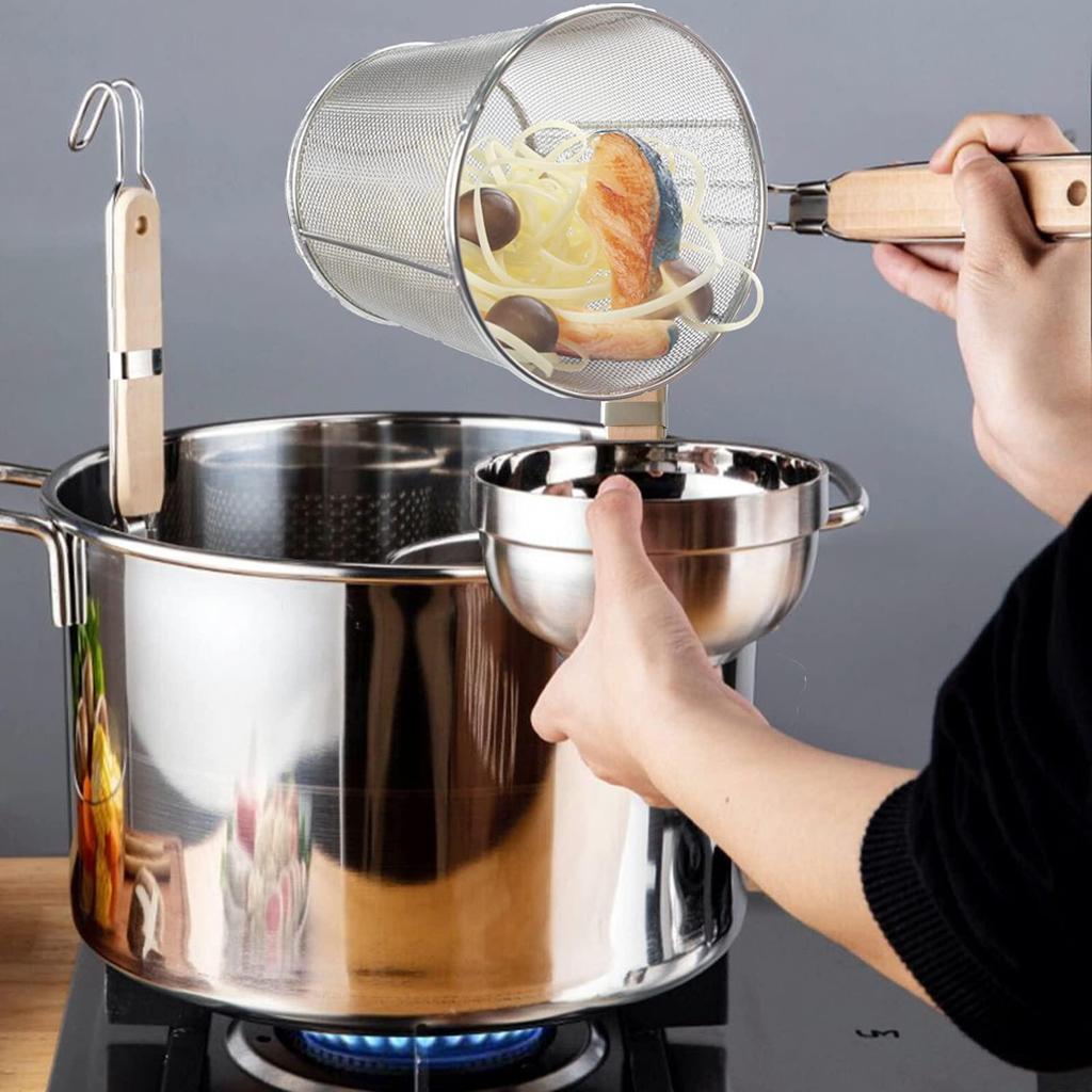 Stainless Steel Pasta Strainer,Kitchen Mesh Strainer with Wood Handle,Frying Food Basket for Cooking Noodles Kitchen Barbecue