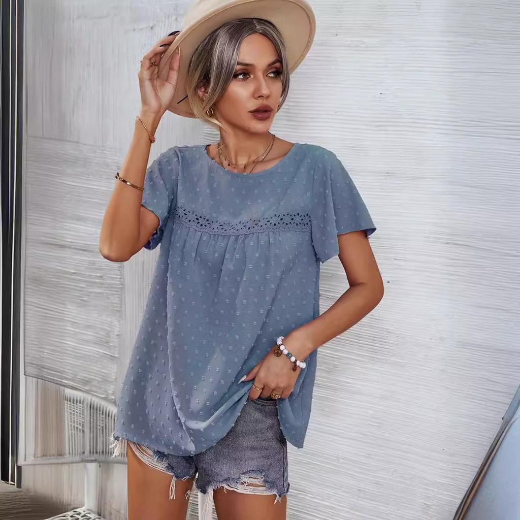 Summer Women's Loose Casual T-Shirt, European American Style Lace Crew Neck Flounce Sleeve Jacquard Dot Lace Trim Top