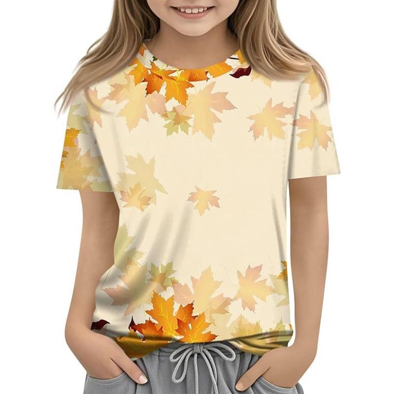 Kids T Shirt Children's Loose Comfortable Breathable Cute Casual Maple Leaf Pattern Short Sleeved Round Neck T-shirt