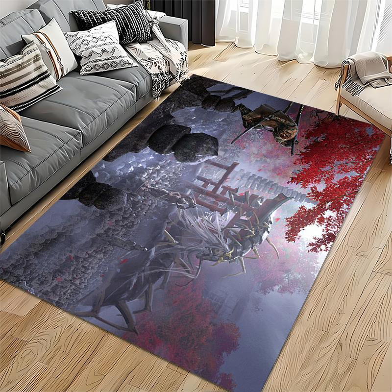 Samurai Warrior and Giant Creature Art Rug Non-slip Rug Suitable for Living Room and Bedroom Sofas