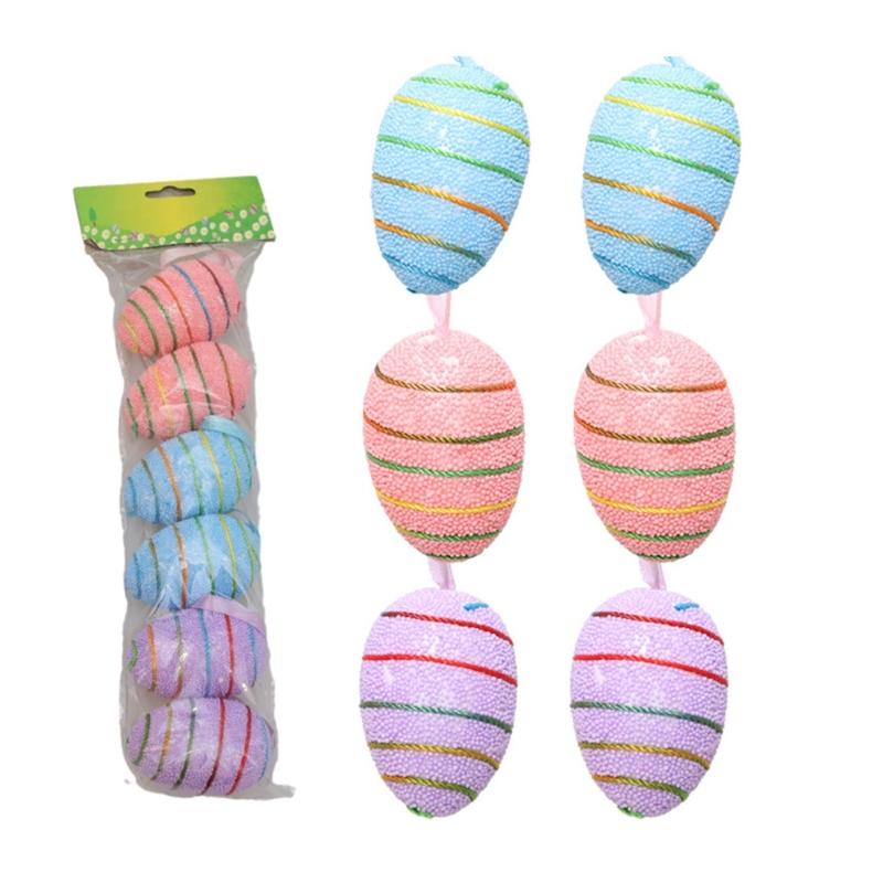 6PCS Set Easter Decorations Ornaments Bright Color Striped Foames Eggs Decorations for Easter Holiday Occasion