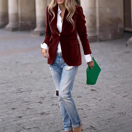 Sametové sako s dlouhým rukávem, klopami, s jedním knoflíkem, kancelářský svrchní oděv, všestranný styling