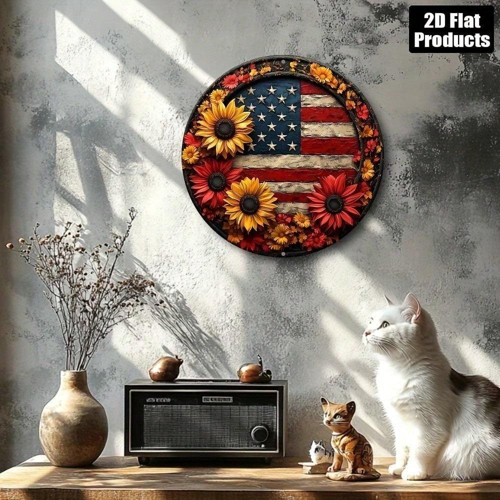 American Flag Sunflower Round Metal Wall Art 8x8 Inch Patriotic Aluminum Sign For Home Kitchen Bar Office Decor
