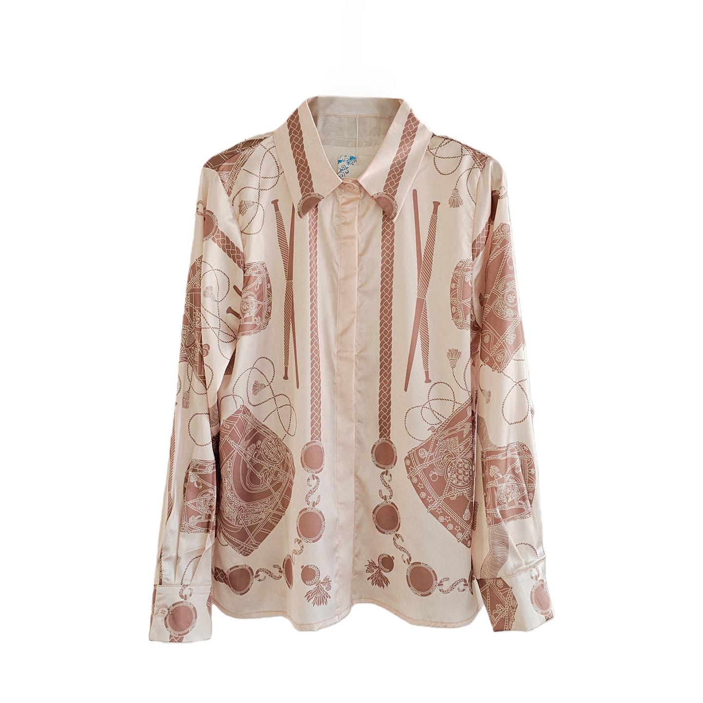 Heavy high-end French old money style H home positioning printed shirt women s long-sleeved lapel design sense satin shirt S