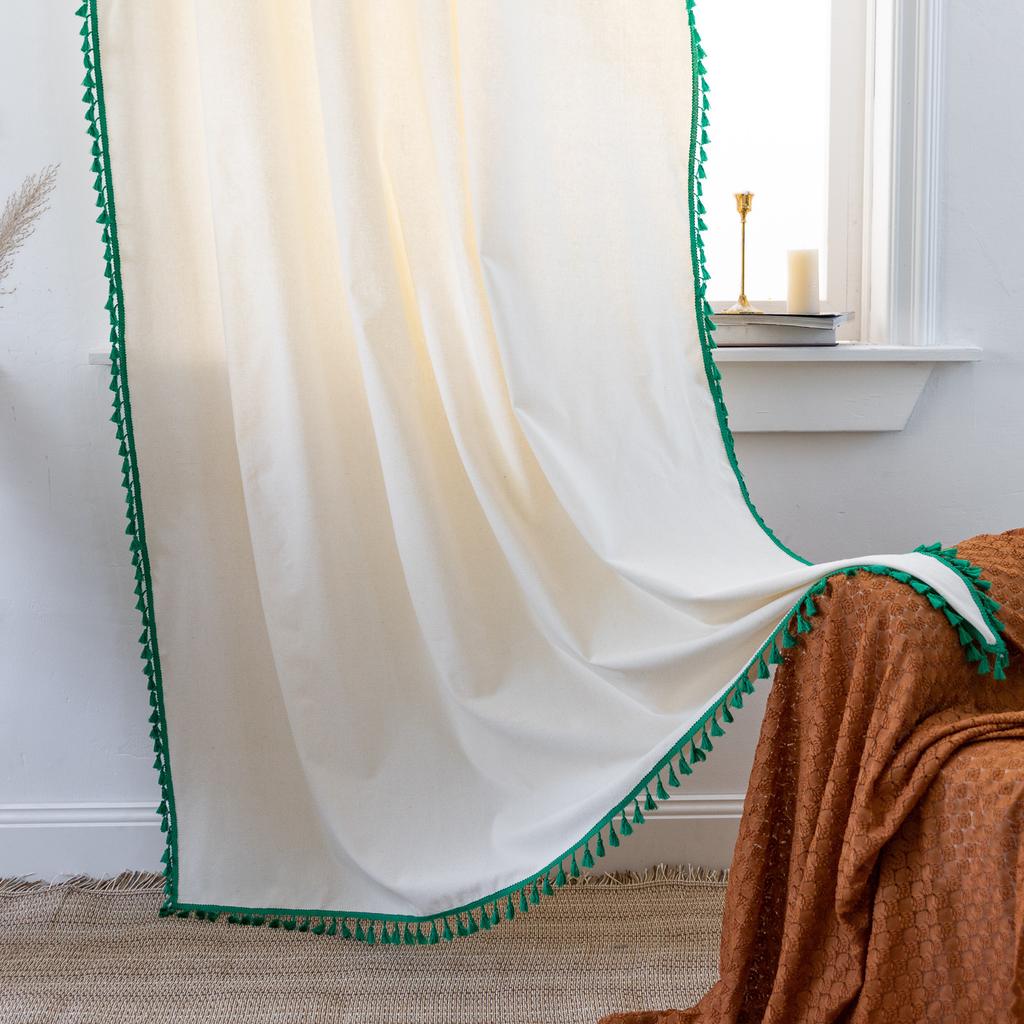 Curtain Finished Solid Color Cotton And Linen Fringed Semi-Blackout American Kitchen Floating Curtains Direct Supply