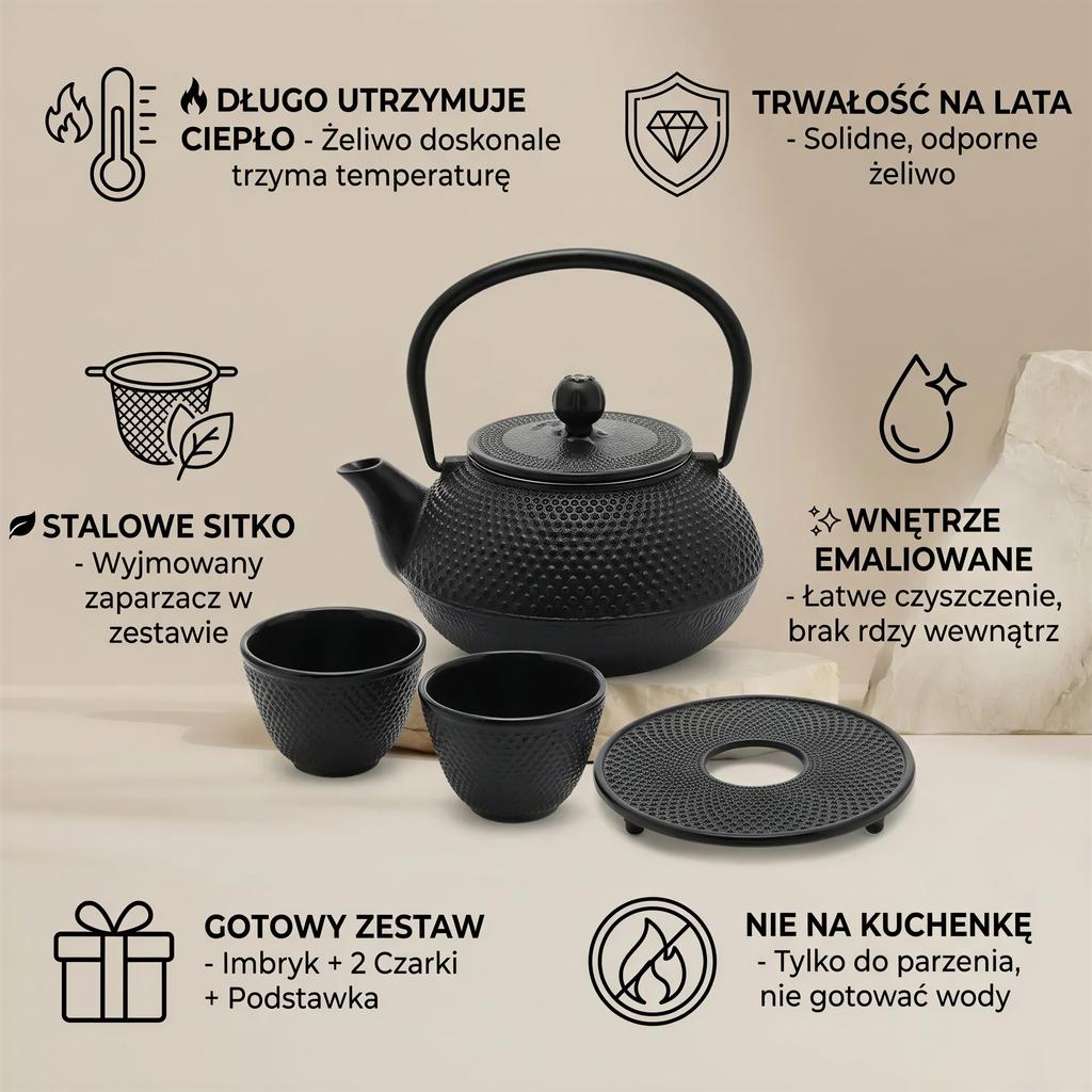 CAST IRON KETTLE 0.8L TEAPOT SET 2x CUPS STAND BLACK