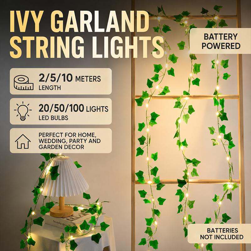 LED Green Leaf Fake Plant String Lights LED Battery Powered for Wall Room Office Birthday Home Bedroom Halloween Christmas Decor