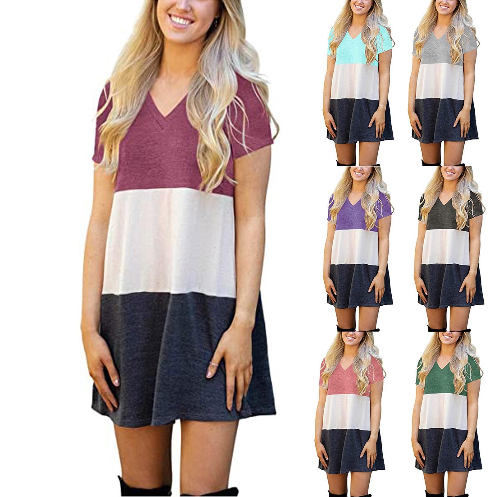 

Женское летнее платье-футболка, повседневные свободные платья с V-образным вырезом и цветными блоками, с коротким рукавом