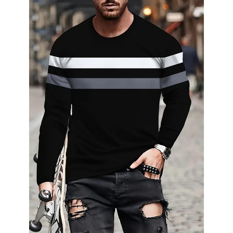 Men's Classic Long-Sleeve Striped T-Shirt - Breathable and Comfortable Casual Round-Neck Top