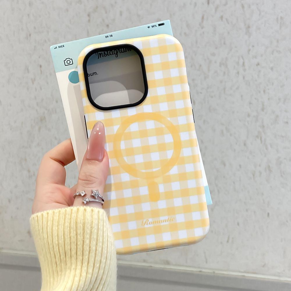 Korean plaid magnetic suction 2-in-1 suitable for Apple 16Promax mobile phone case 17 bracket 15 protective case 13/11