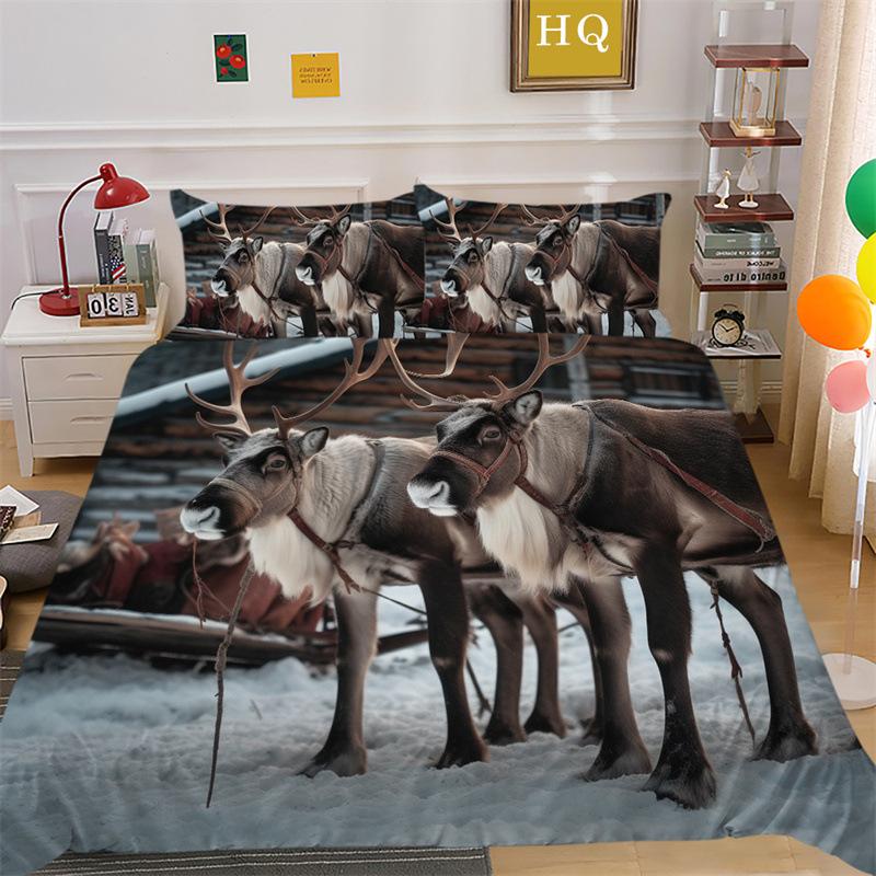 Jultomte Älg 3D-printad Polyester Kuddfodral Täcke Överdrag Två Eller Tre Delars Set