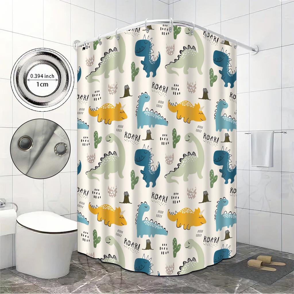 1Pc Cartoon Cute Dinosaur Print Waterproof Shower Partition Privacy Hanging Curtain With 12 Hooks Multiple Size Machine Washable