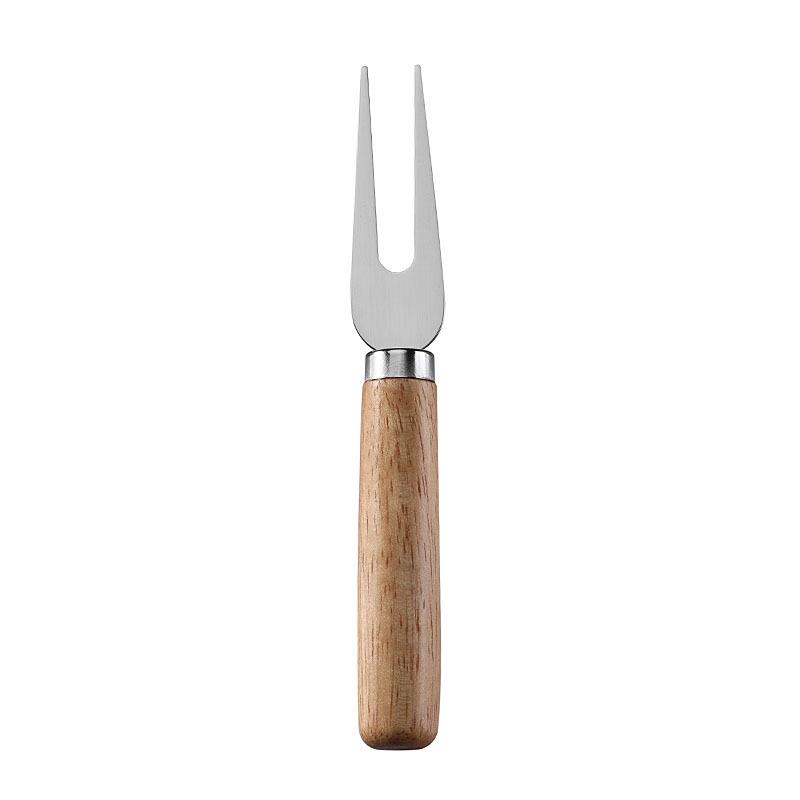 Stainless Steel Cheese Tools Set with Rubber Wood Handle, Including Cheese Knife, Slicer, Butter Knife, and Fork.