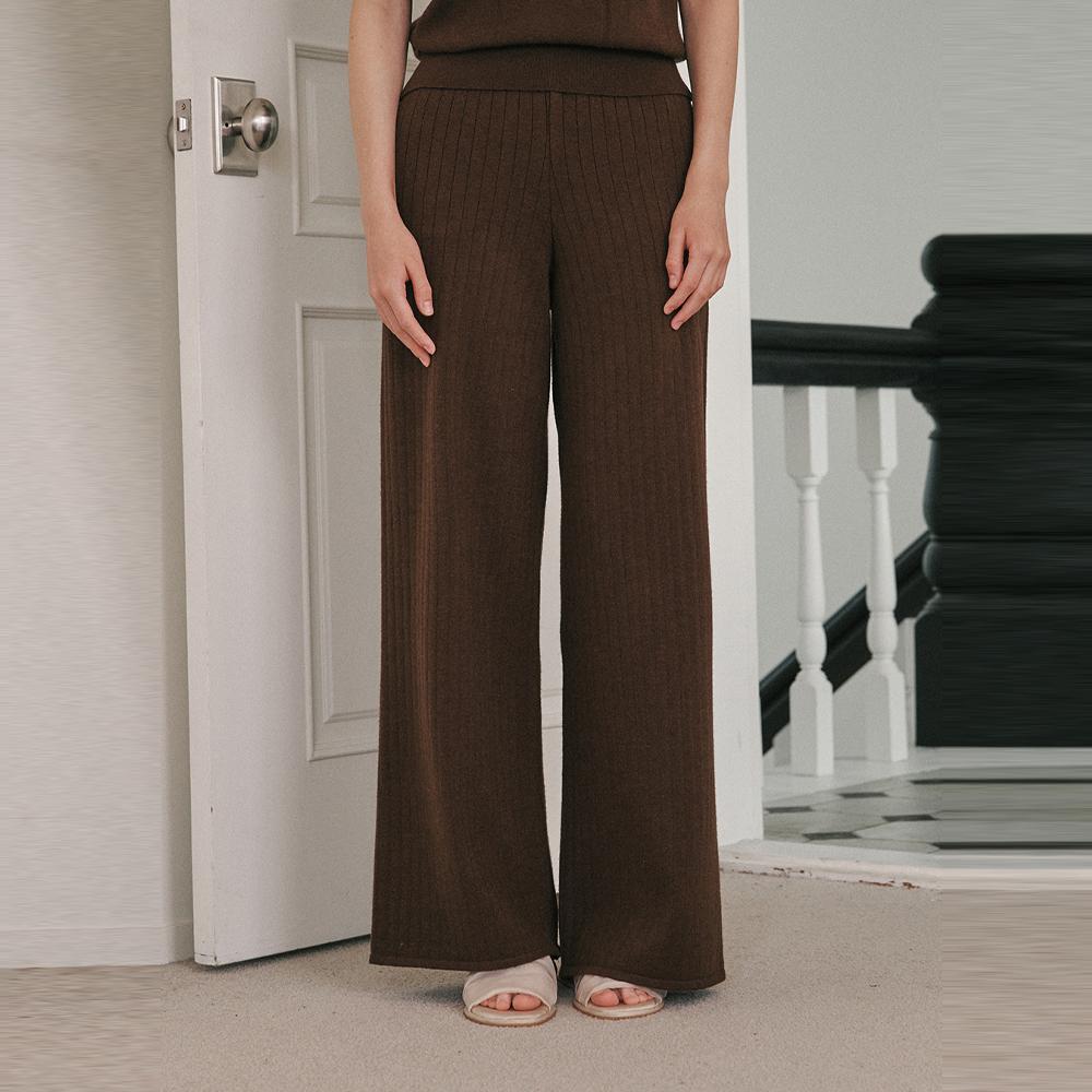 ODER Ribbed Set-Up Soft Elastic Pants - Brown