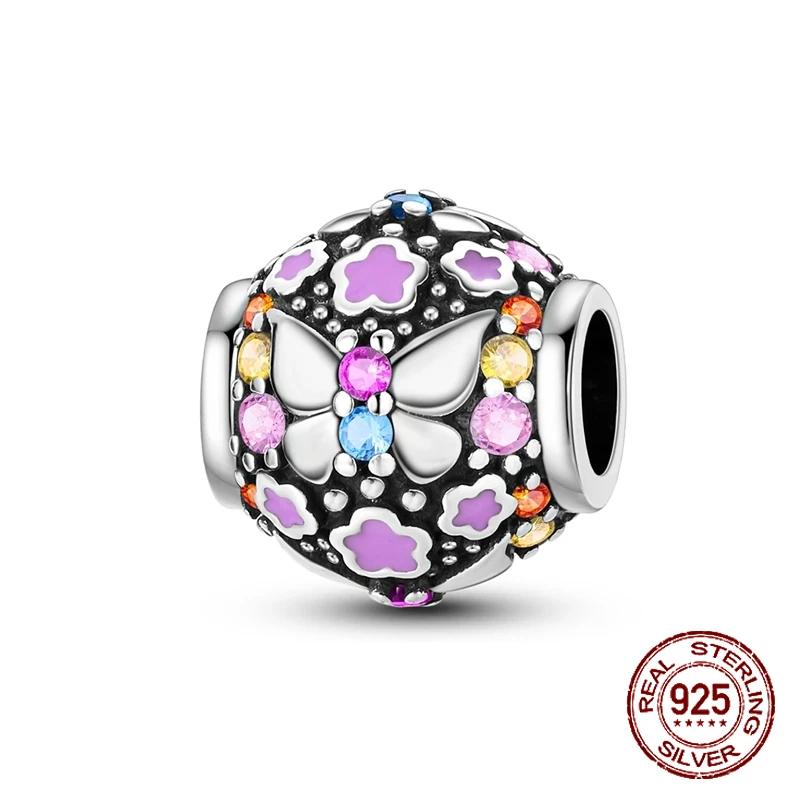 925 Sterling Silber Lila Perlen Blume Schmetterling Hänge Charm Passend 4MM Lochdurchmesser Armband Halskette 925 Schmuck Geschenkherstellung