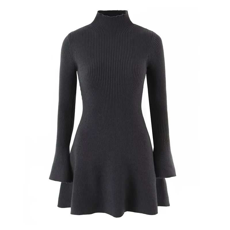 Autumn New Women clothes French style Idle Style Half-high Collar Long sleeve Waist Hugging A- Shaped Wool Knitting Short Dress