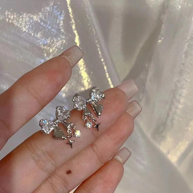 Korean Bows Earring with White Zircon Women's Fashion Cute Pink Crystal Stud Earrings Y2k Earring for Girls Party Zircon Gifts
