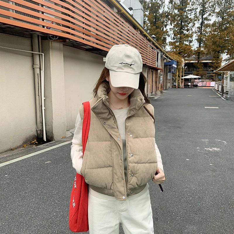 Womens Corduroy Vest Sleeveless Puffer Jacket Short Thick Waistcoat Casual Outerwear