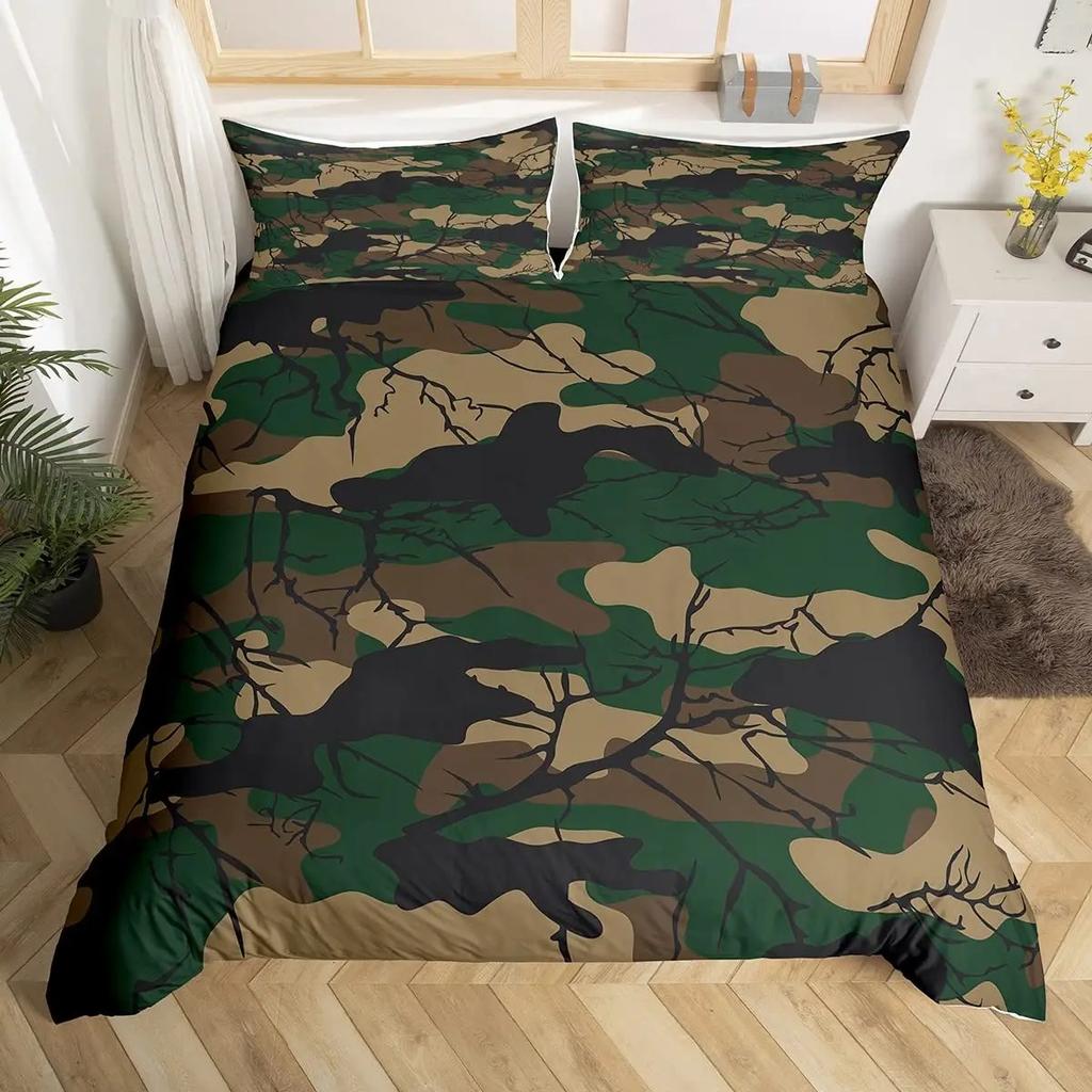 3 Pcs Grey Camo Comforter Bedding Set Full Size, Camouflage Army Design Bedding Collections for Kid Boy, Soft All-Season Bed Set