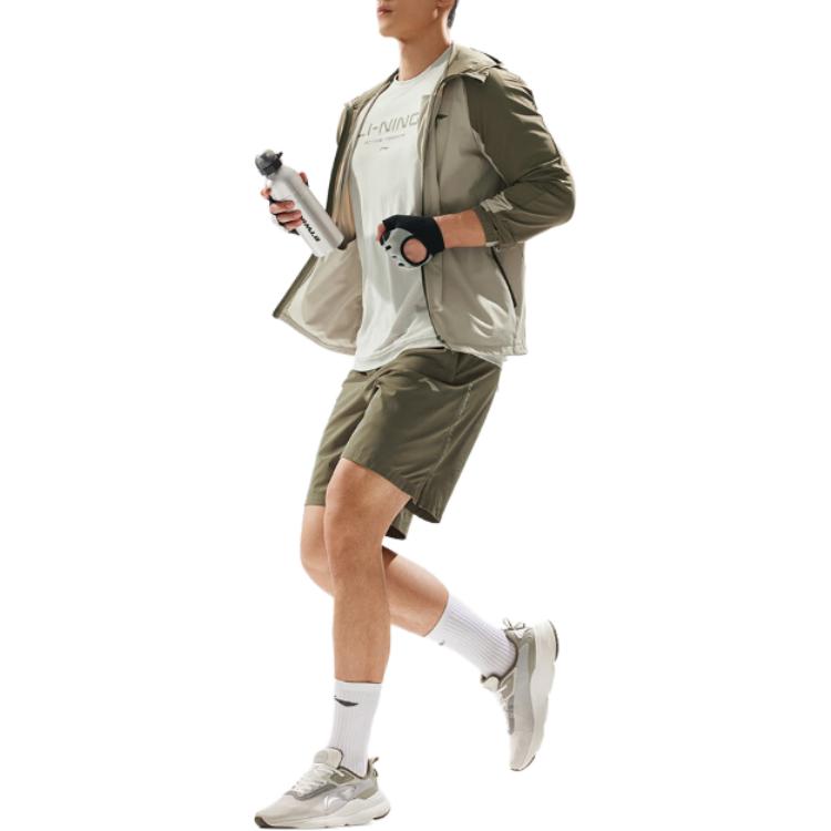 Li Ning Série Fitness Couleur Unie Élastique Séchage Rapide Tricoté Short de Sport Homme Short Vert Militaire AKYU353-8