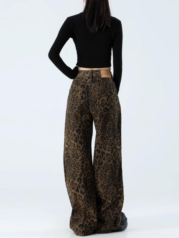 Hnědé leopardí džíny dámské džínové kalhoty dámské nadměrné široké nohavice streetwear hip hop vintage oblečení volné ležérní
