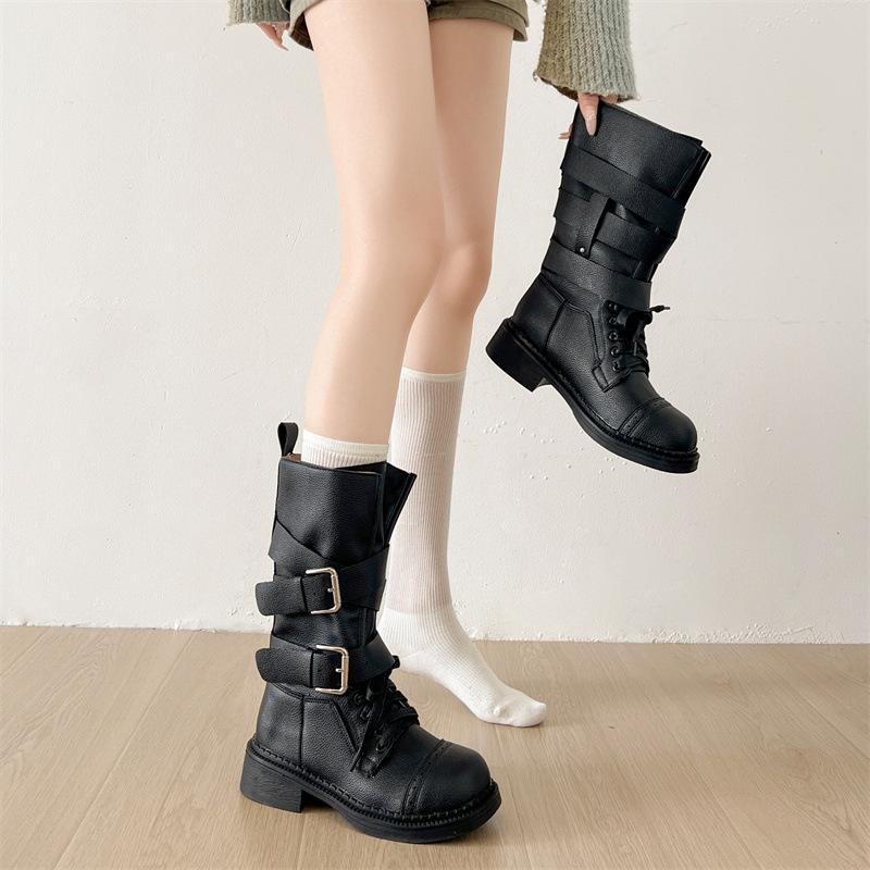 2025 new round head thick heel medium boots with skirt niche design belt buckle versatile fashion knight boots women
