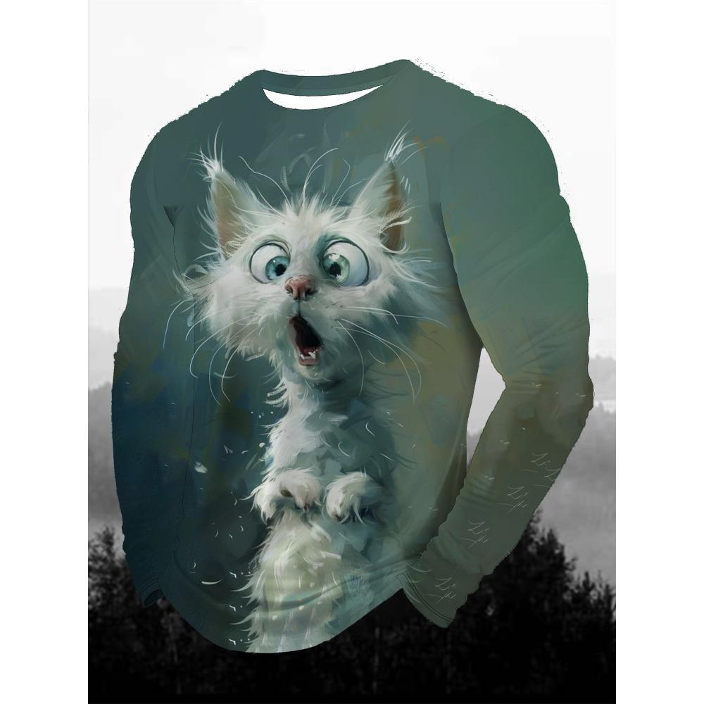 Funny Animal Design Retro Men 3D Printing Street Casual Daily Gray Long Sleeved Round Neck Shirt Spring And Autumn Clothing