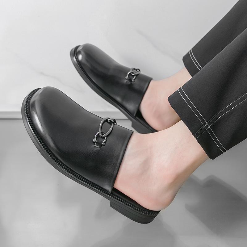 Fashion Retro Men Half-drag Leather Shoes Black Brown Men Casual Comfortable Versatile Fashionable Slippers Sizes 38-46 Men Slippers