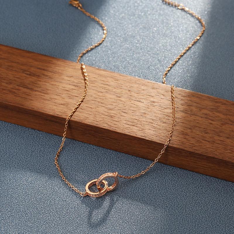 Korean Style Double Ring Full Diamond Titanium Steel Necklace Women Clavicle Chain