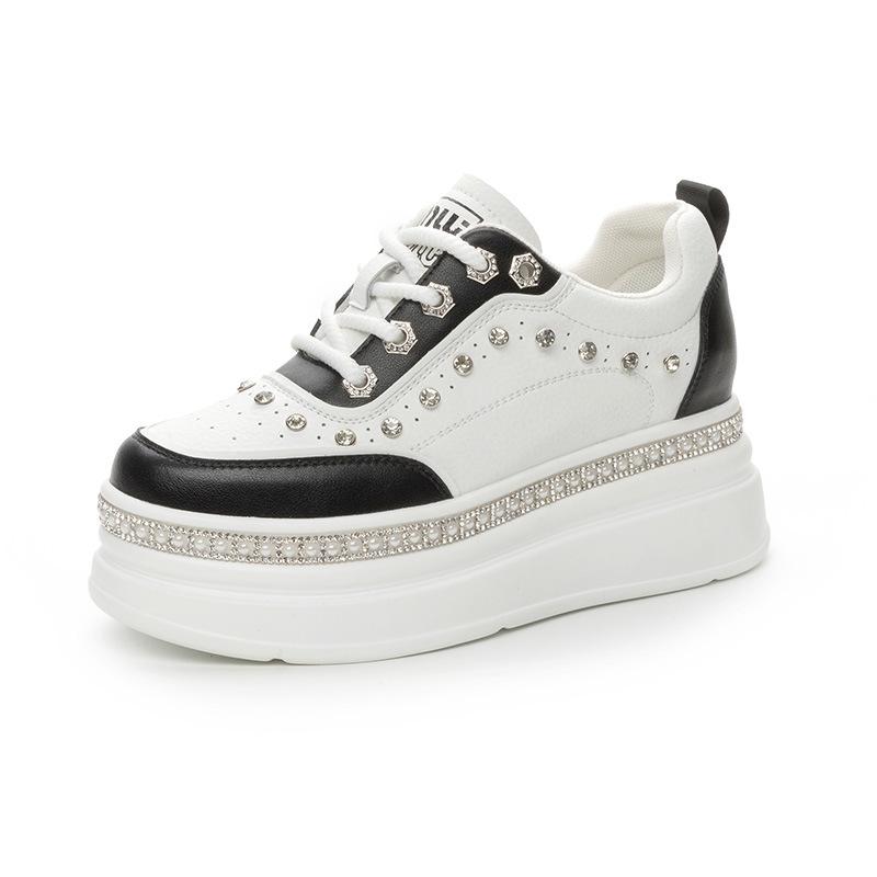 

7 см натуральная кожа женская мода повседневные блестящие толстые кроссовки на платформе танкетке вулканизированные осенне-весенние скрытые каблуки женская обувь 34 черный белый