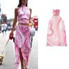2026 Summer Satin Print Tie-Up Two-Piece Skirt and Top Set for Women.
