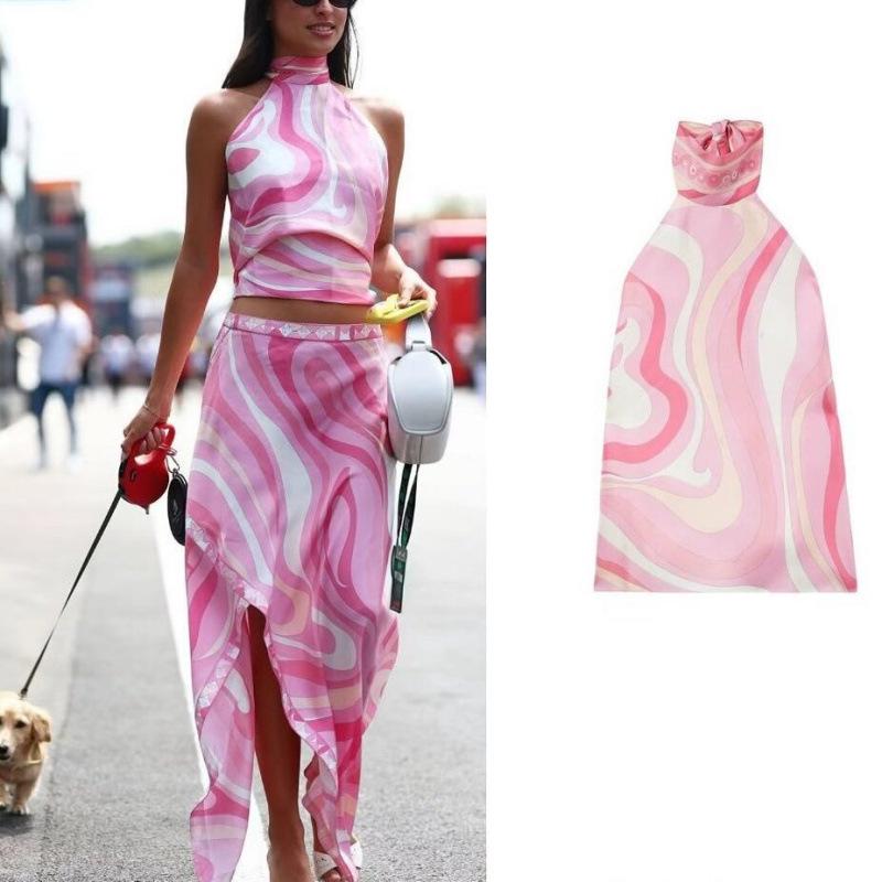 2026 Summer Satin Print Tie-Up Two-Piece Skirt and Top Set for Women.