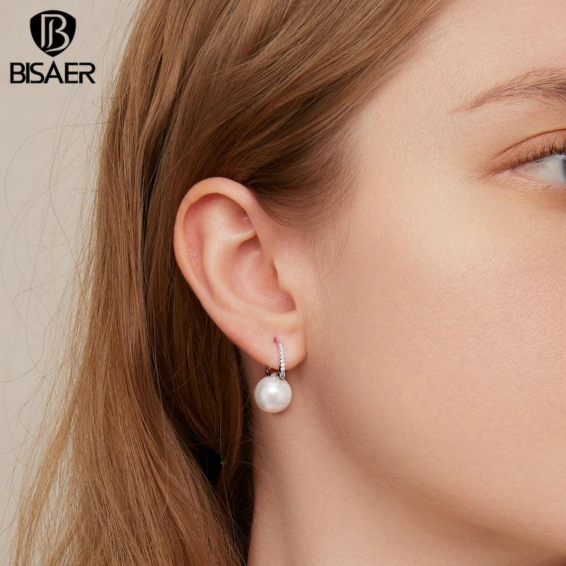 Bisaer Real 925 Sterling Silver European Simple U Style Big Shell Pearl Hoop Earrings Women Drop Earring