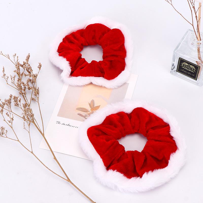 European & American Red Christmas Floral Hair Tie - Thick Plush Patchwork for Autumn/Winter