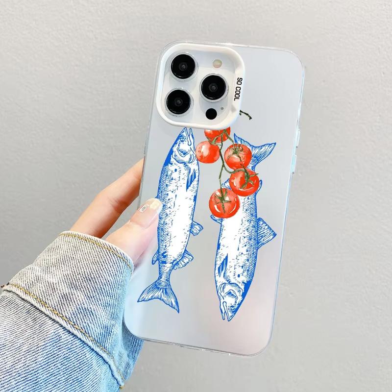 Fish Sardine Painting Art Silver IMD Phone Case For iPhone 17 Pro Max 16 15 Pro 14 13 Mini 12 11 XR 17Air Plus Hard Matte Cover