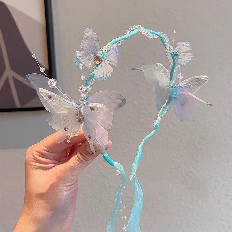 

Летние стильные плетеные повязки на голову с большим бабочкой из тюля для девочек: Сказочные ободки для волос с бусинами, Милые аксессуары для волос для принцессы