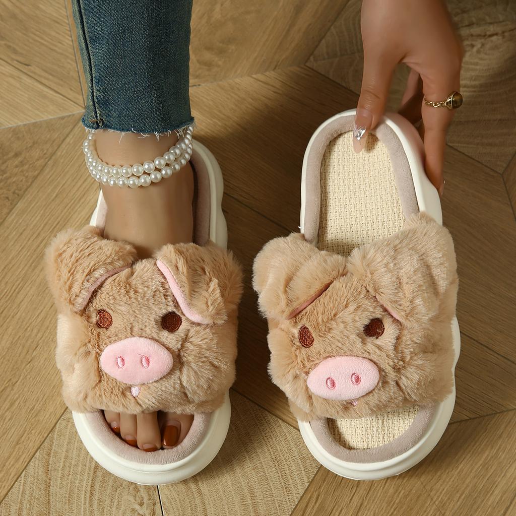 Fashion Cartoon Cute Fluffy Fur Slippers Women Winter New Warm Flat Heel Home Cotton Slippers Female Non Slip Indoor House Cotton Slides