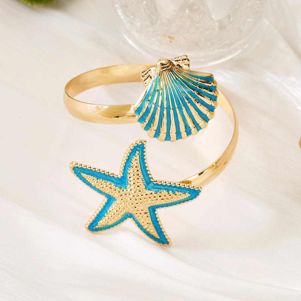 Trend Boho Summer Starfish Shell Cuff Bangles for Women Gold Color Metal Starfish Scallop Open Bracelet Beach Party Jewelry Gift