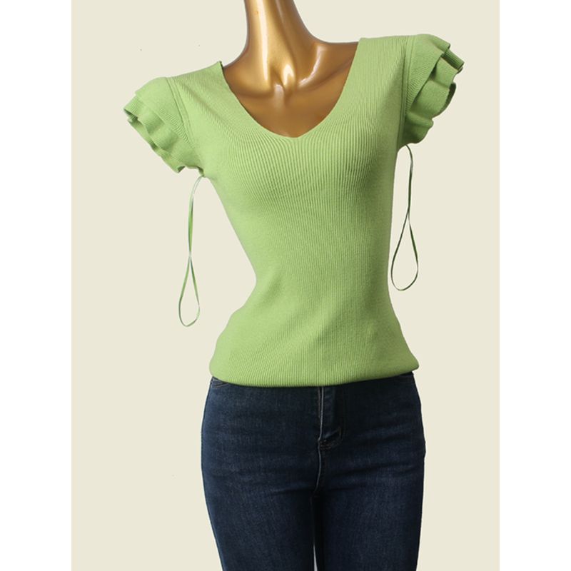 Mint Green V Neck Thread Fitted Knitwear Summer Flying Sleeves Slim Looking Pure Color Undershirt