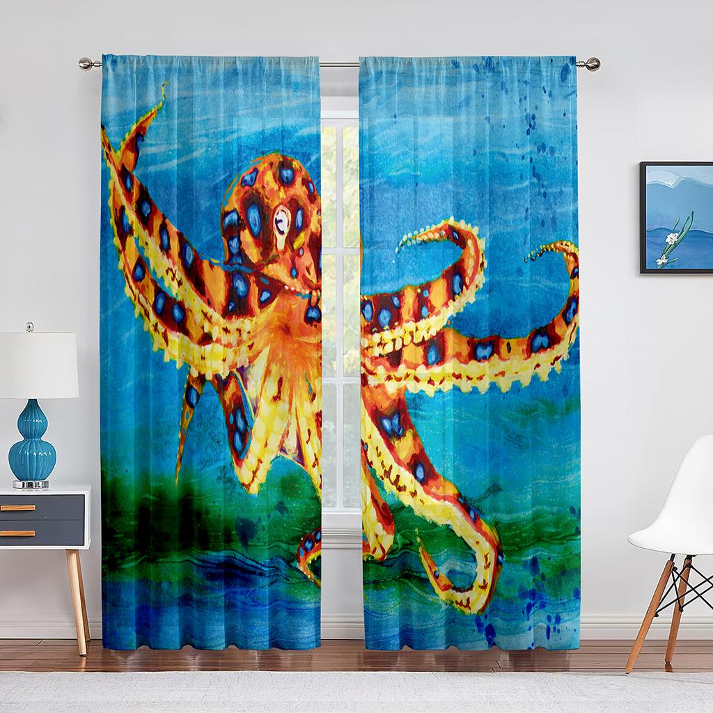Cool Red Octopus Ocean Marine Life Chiffon Sheer Voile Curtains for Living Room Bedroom Kitchen Decor Window Tulle Curtain Drape