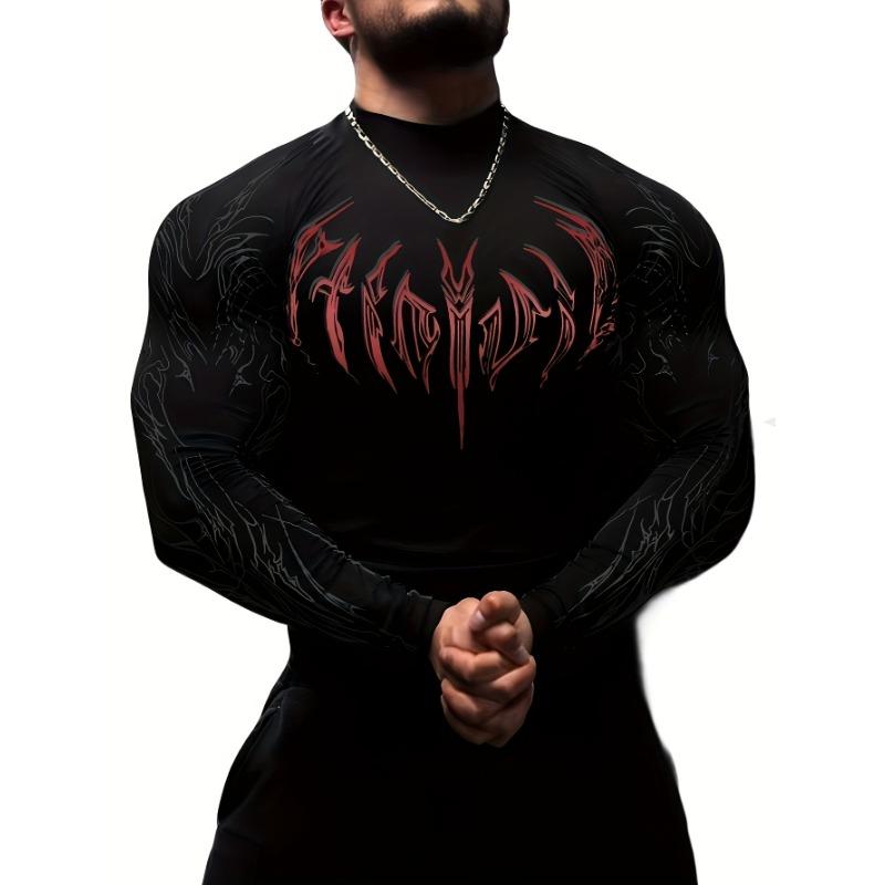 Men's Tight Fitting Long Sleeved Shirt With Geometric Print High Neck Fitness T-shirt Suitable For Gym Men's Seasonal Sportswear