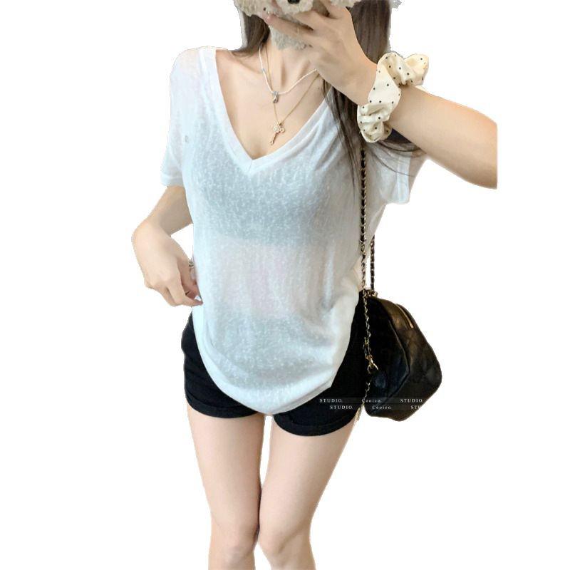 Women's Gray V-neck Short Sleeve Casual Loose Fit Summer T-shirt