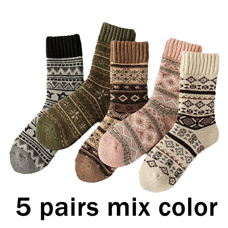 

5 пар винтажных этнических вязаных толстых хлопковых носков для женщин Зимние удобные теплые пушистые носки Ретро мягкие нескользящие женские чулки One Size