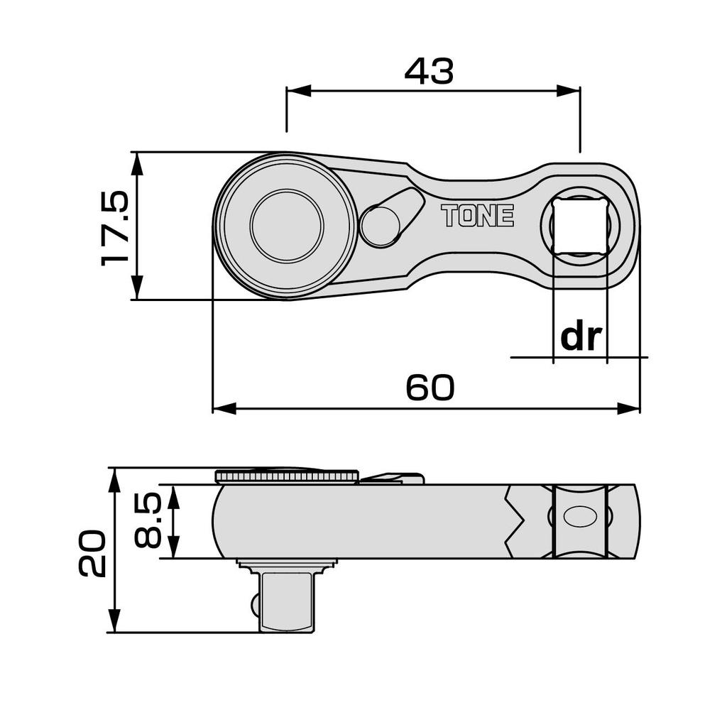 TONE Stubby Ratchet Handle Drive (Hold Type) RH2HSS2, 6.35mm (1/4")