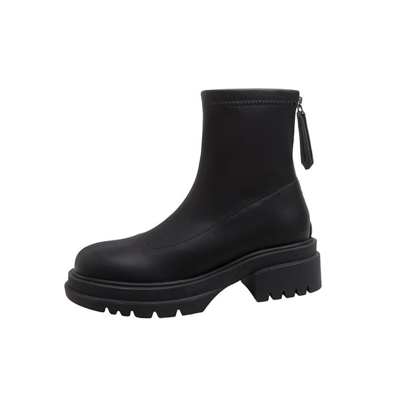 Thick-soled British style short boots women's thin boots autumn and winter new small man heightened zipper elastic thin boots
