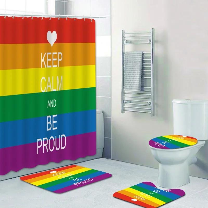 Rainbow Pride Gay Flag Shower Curtain Set Bath Mat Bathroom Toilet Carpet Floor Rug Lesbian Peace Lgbt Home Decor