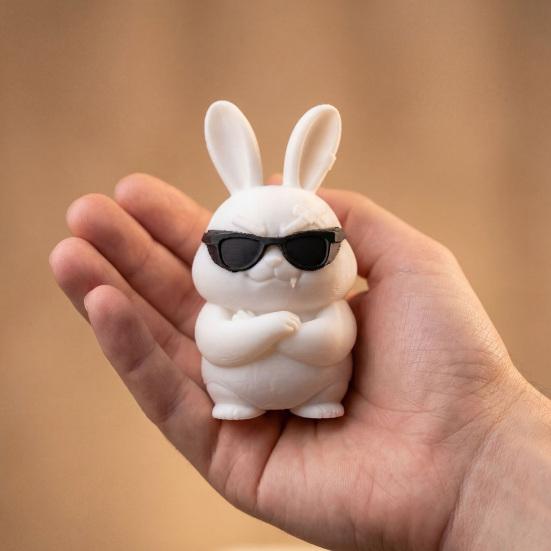 3D Printed Funny Cool Bunny Figurine Small White Rabbit Statue with Sunglasses for Office Computer Desk Bookshelf Room Decor