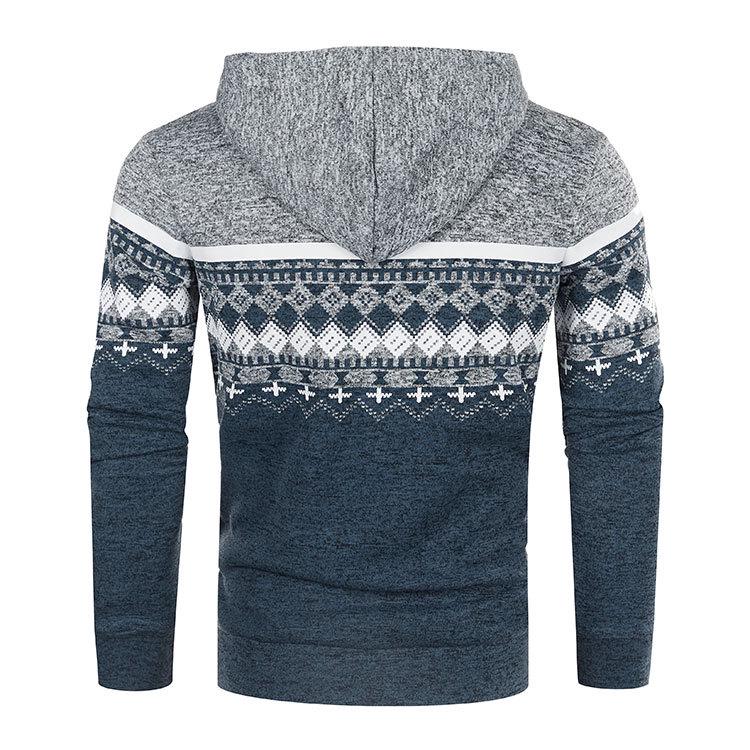 Men's Ethnic Style Hooded Knit Cardigan: Casual, Loose, Slim-Fit, Thin Fleece Sweater with Printed Design