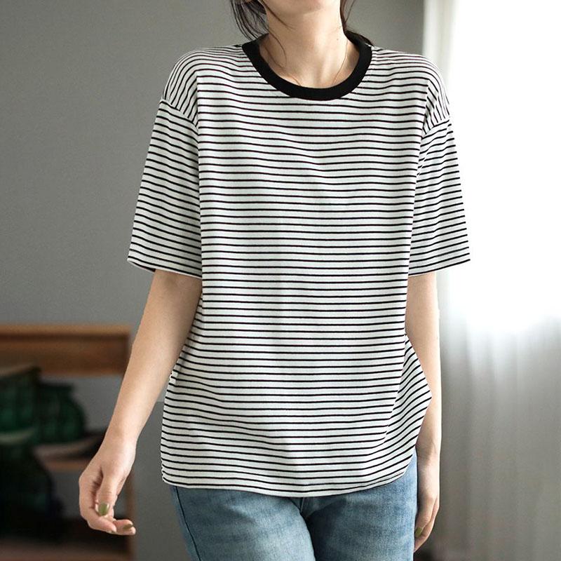 

Хлопковая футболка большого размера, женские полосатые свободные топы с круглым вырезом, тонкие и универсальные повседневные топы с короткими рукавами L белый